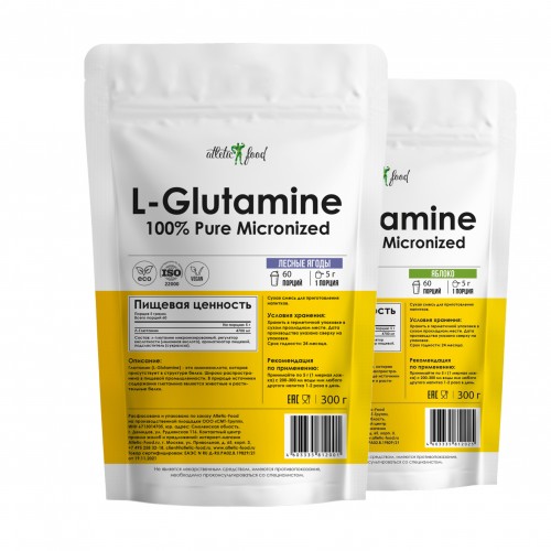 Atletic Food Л-Глютамин 100% Pure Glutamine Micronized - 2 по 300 грамм (лесные ягоды-яблоко)