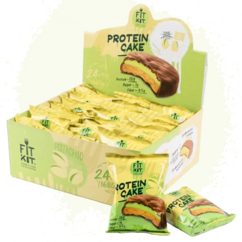 Печенье протеиновое глазированное FIT KIT Protein Cake (фисташковый крем) - набор 24 шт по 70 грамм