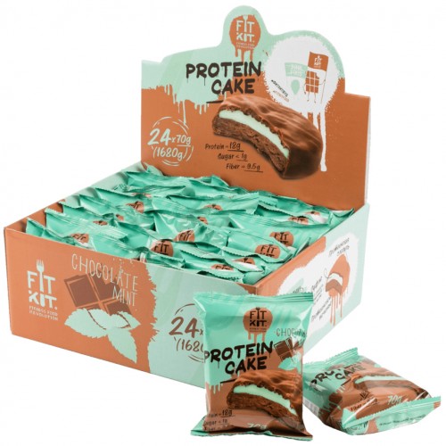 Печенье протеиновое глазированное FIT KIT Protein Cake (шоколад-мята) - набор 24 шт по 70 грамм