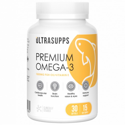 Омега-3 + Витамин Е UltraSupps Premium Omega-3 1000 mg - 30 гел.капсул